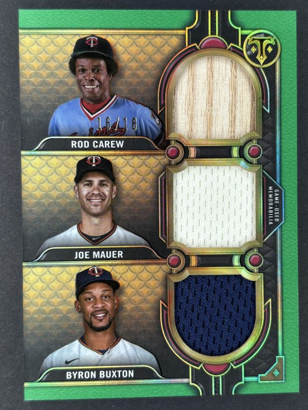 2022 Topps Triple Thread Rod Carew, Joe Mauer and Byron Buxton Triple Relic 16/18