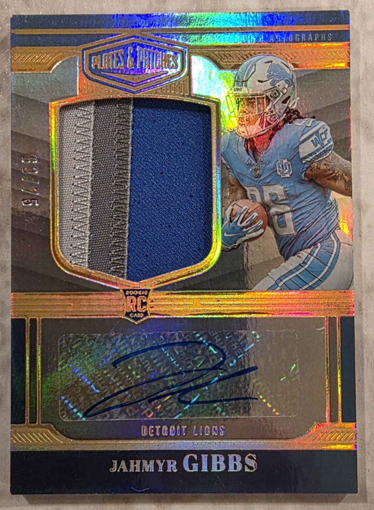 20261007_172333 2023 Panini Plates and Patches Jahmyr Gibbs Auto Relic RC - Image 1